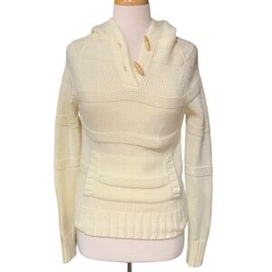 Vintage hand loomed off white knit hoodie with kangaroo pouch and wooden buttons